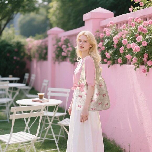 Pink Crochet Tote Bag Women Mesh Knitted Shoulder Handbag Beach Hobo Purse - Picture 6 of 7